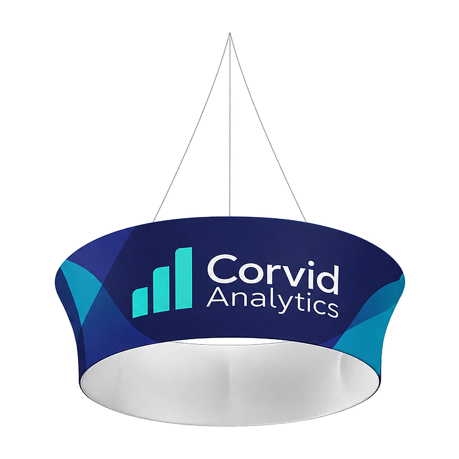WaveLine Tapered Tube Blimp hanging banner, shown with an example design
