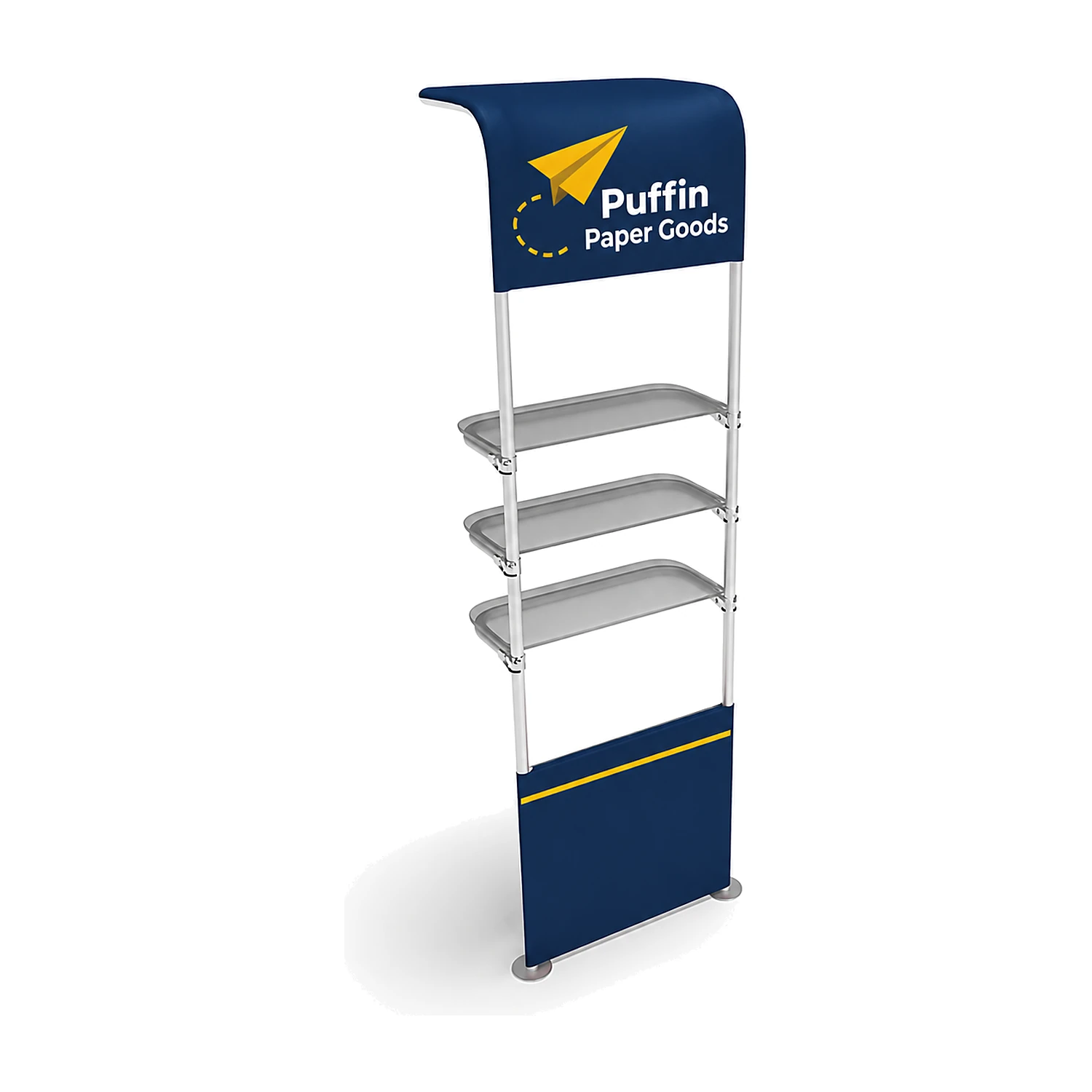 WaveLine Waterfall shelf tower with inside shelves and half graphic, shown with an example design