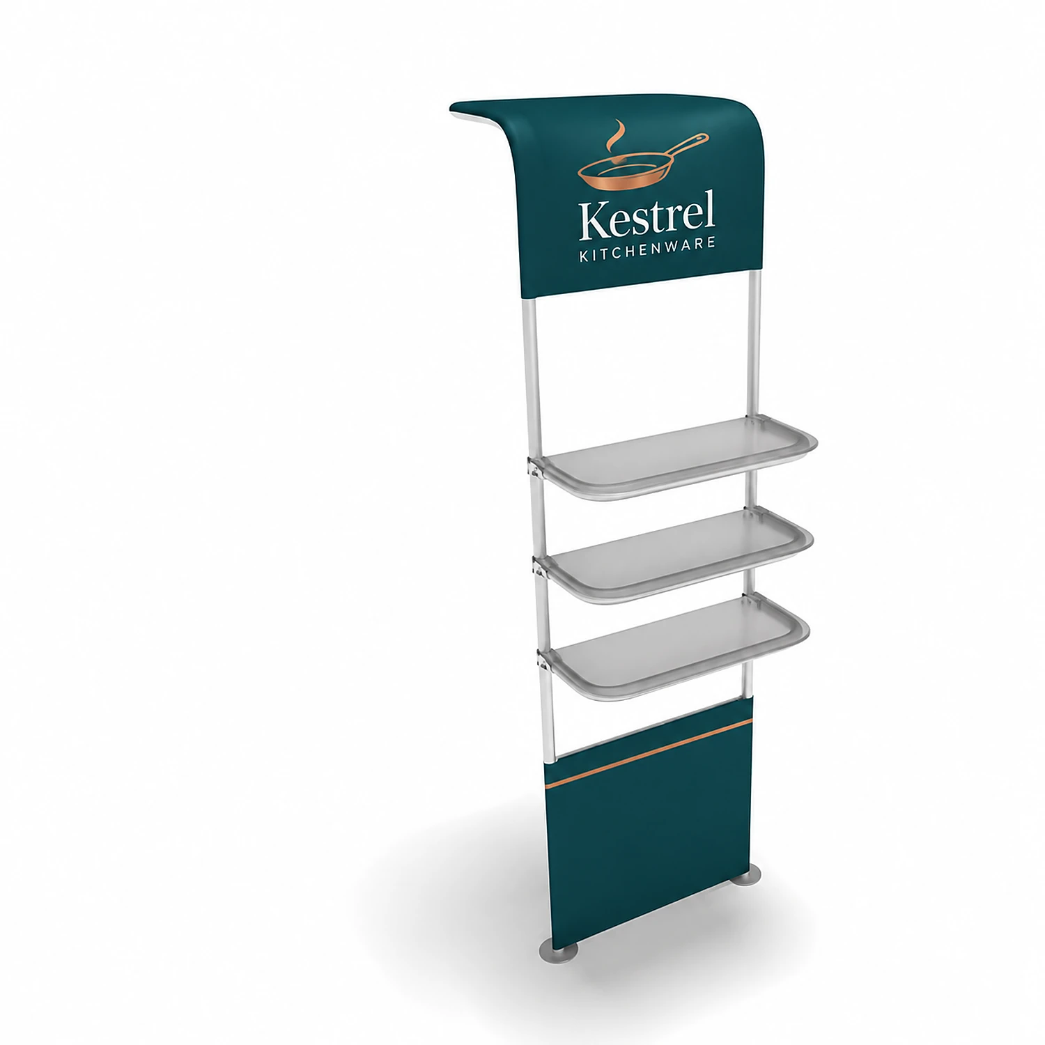 WaveLine Waterfall shelf tower with outside shelves and half graphic, shown with an example design