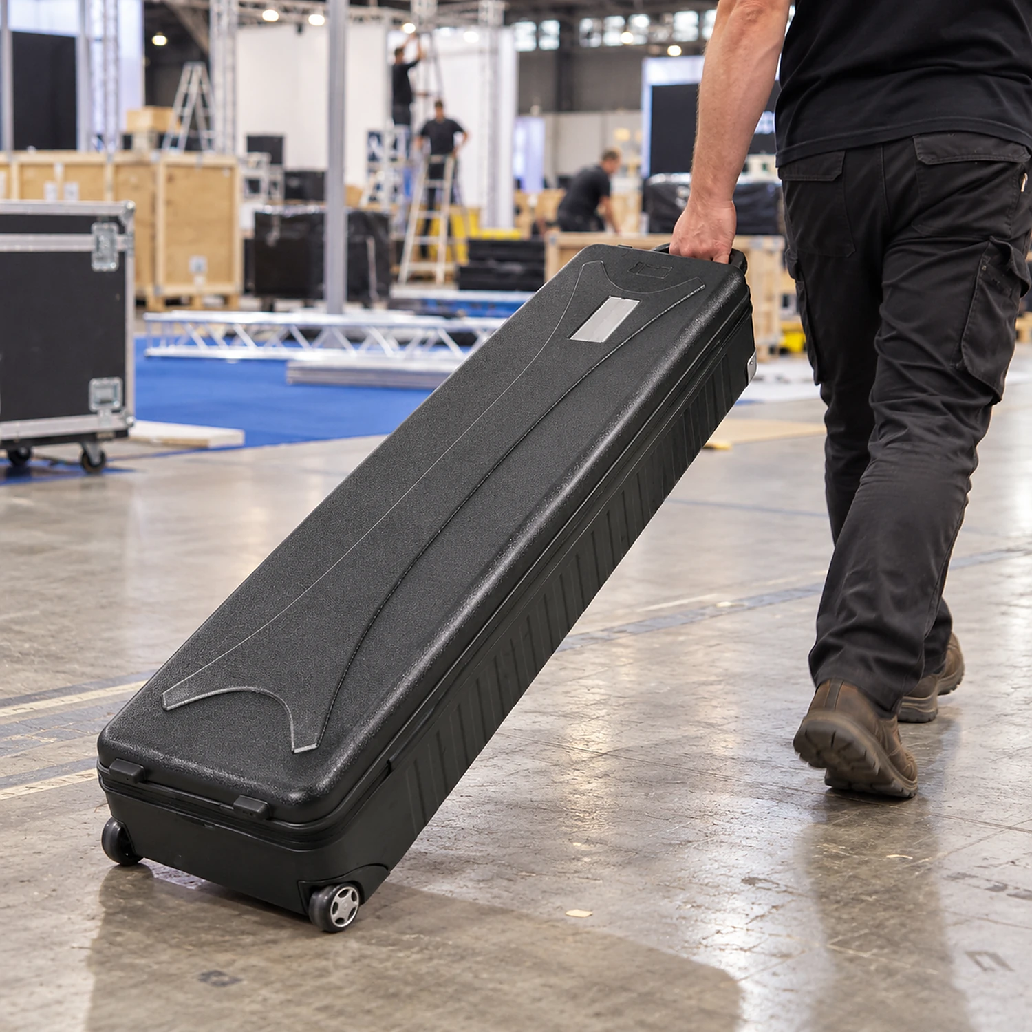 Wheeled hard case being moved through an exhibition hall
