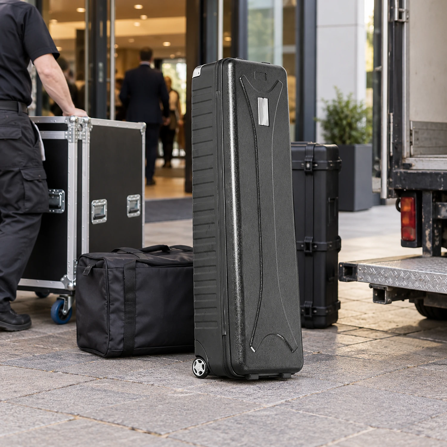 Wheeled hard case at a venue loading entrance