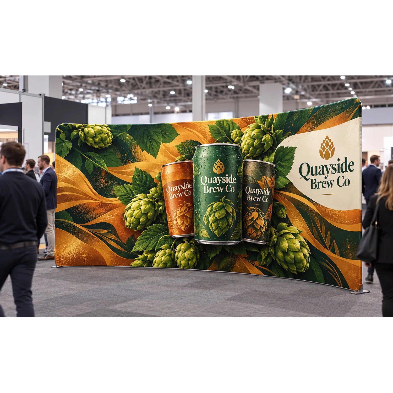Wide curved fabric display wall in use at a busy trade show