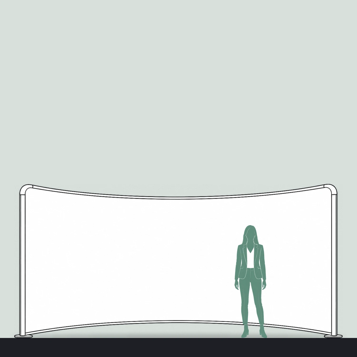 Wide curved fabric display wall size guide, 4.95 m wide by 2.32 m high, shown next to a person