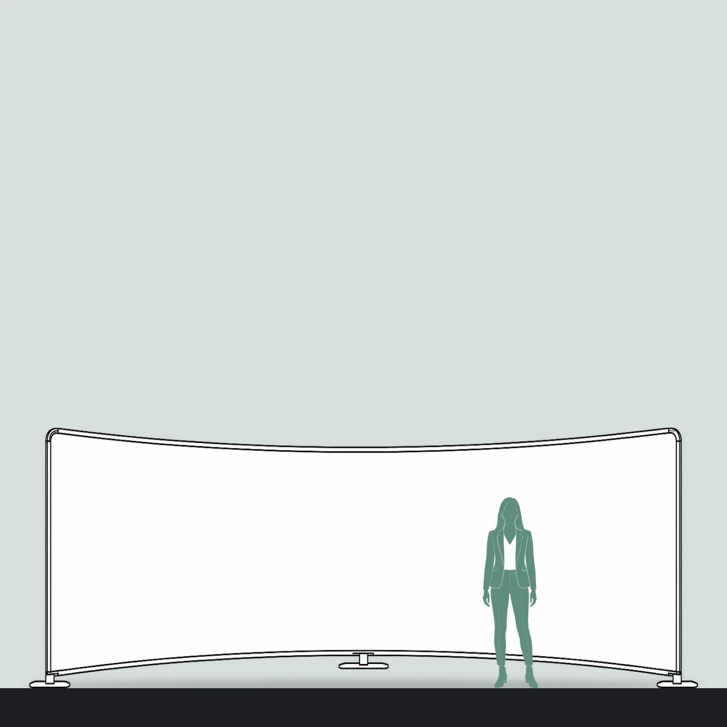 Wide curved fabric display wall size guide, 5.95 m wide by 2.32 m high, shown next to a person