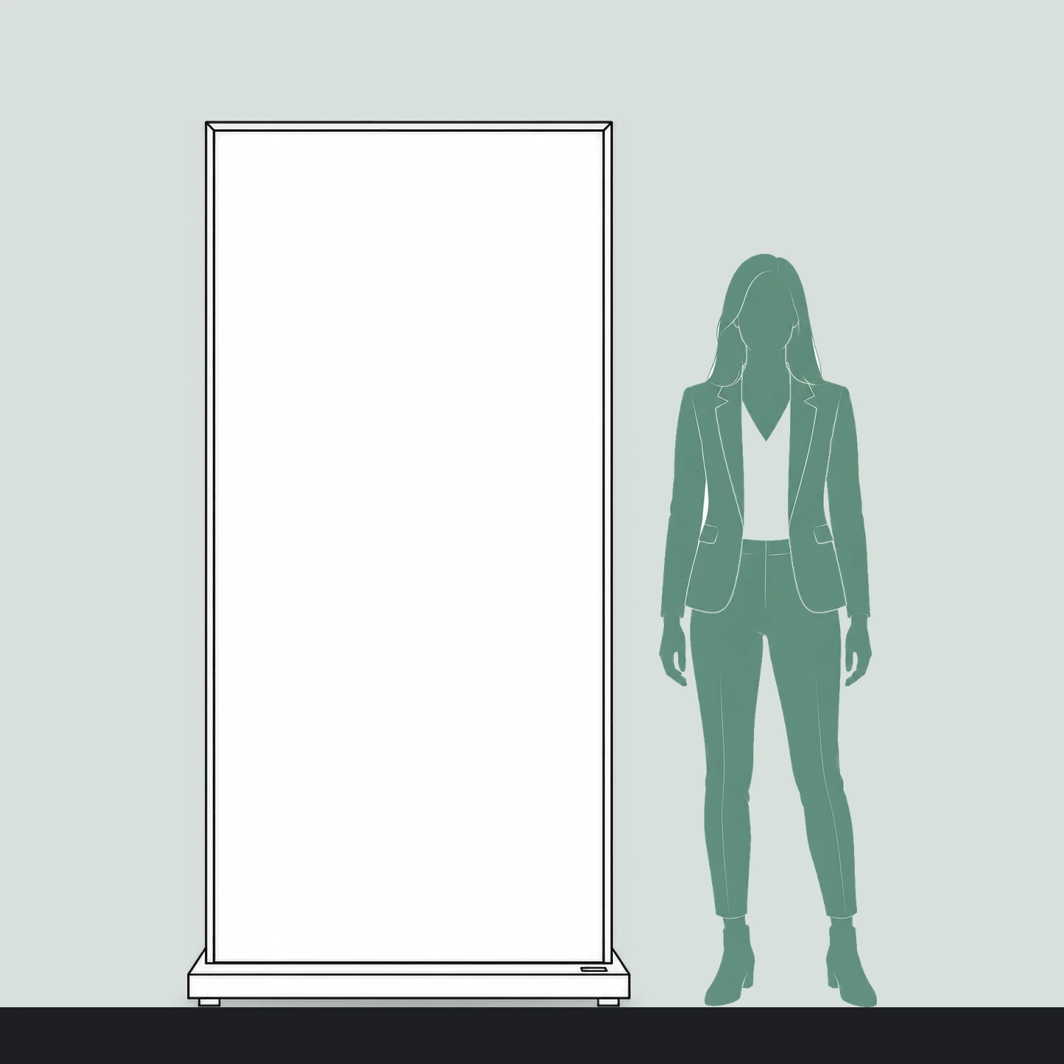 Wireless LED light box size guide, 1 m wide by 2 m high, shown next to a person