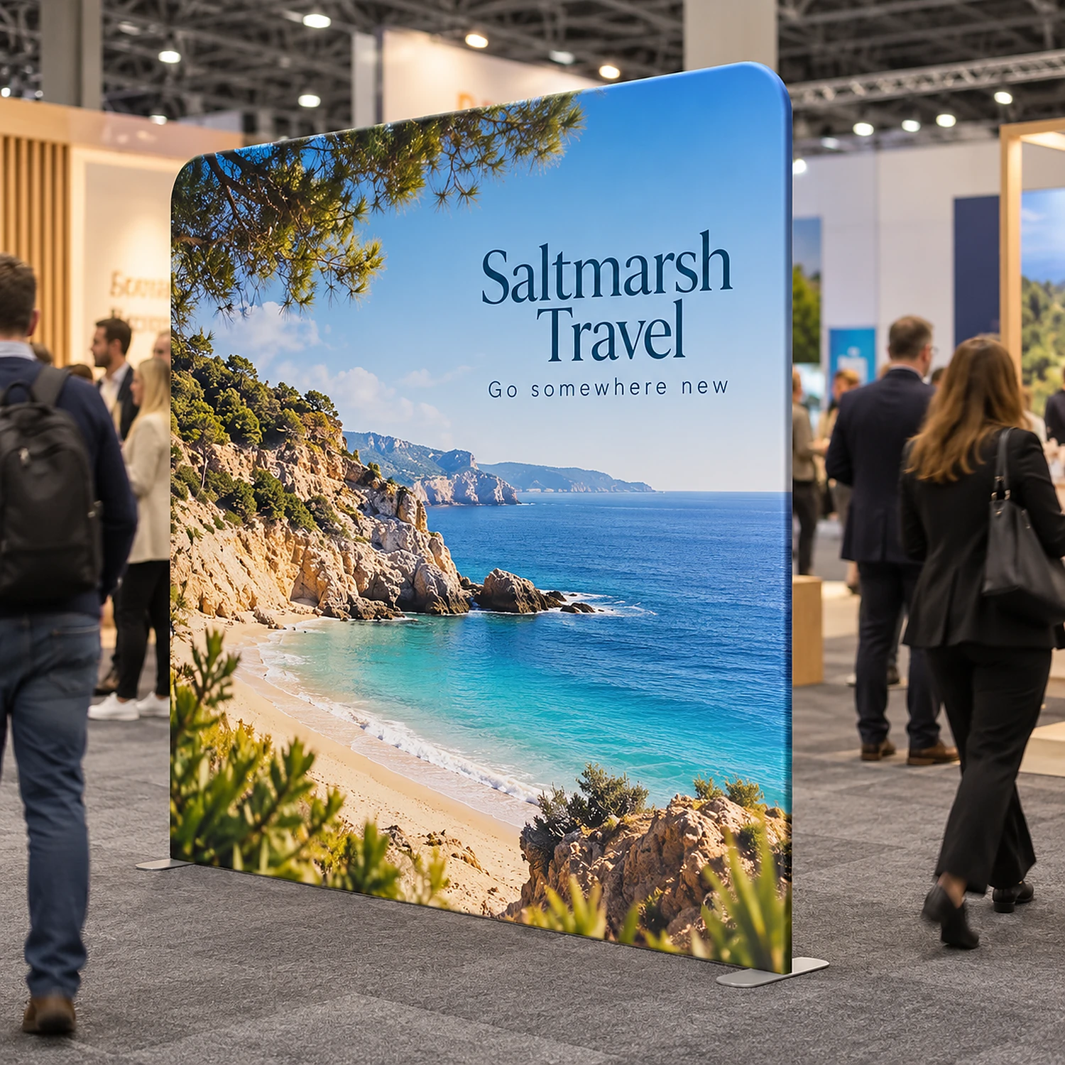 2.4m straight fabric display in use at a busy trade show