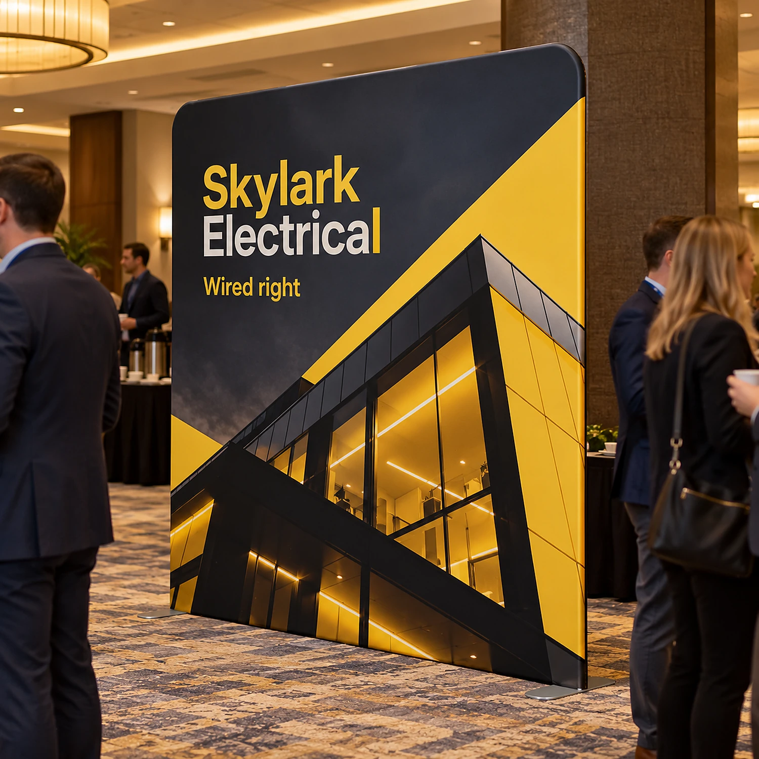 2.4m straight fabric display in use in a hotel conference foyer
