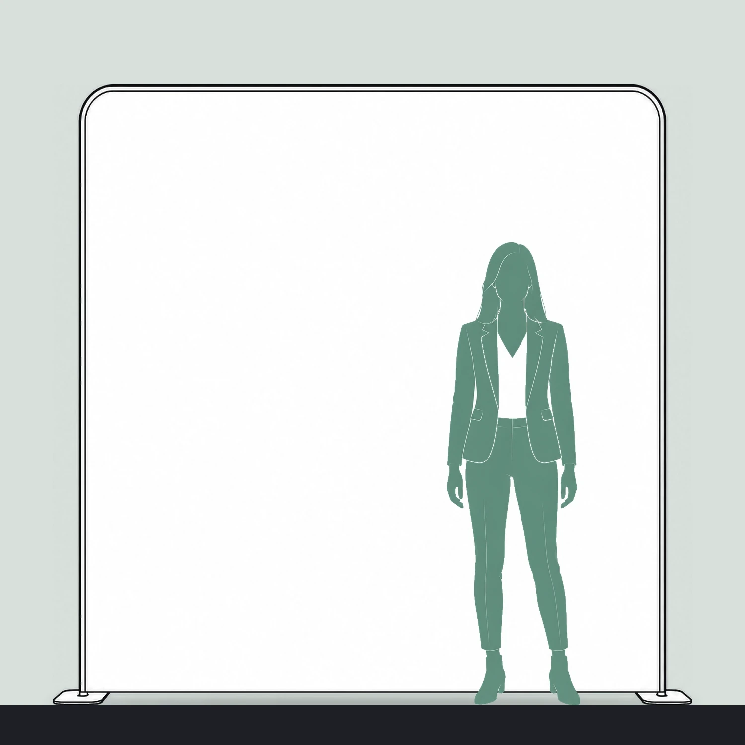 2.4m straight fabric display size guide, 2350mm wide x 2280mm high, shown next to a person for scale