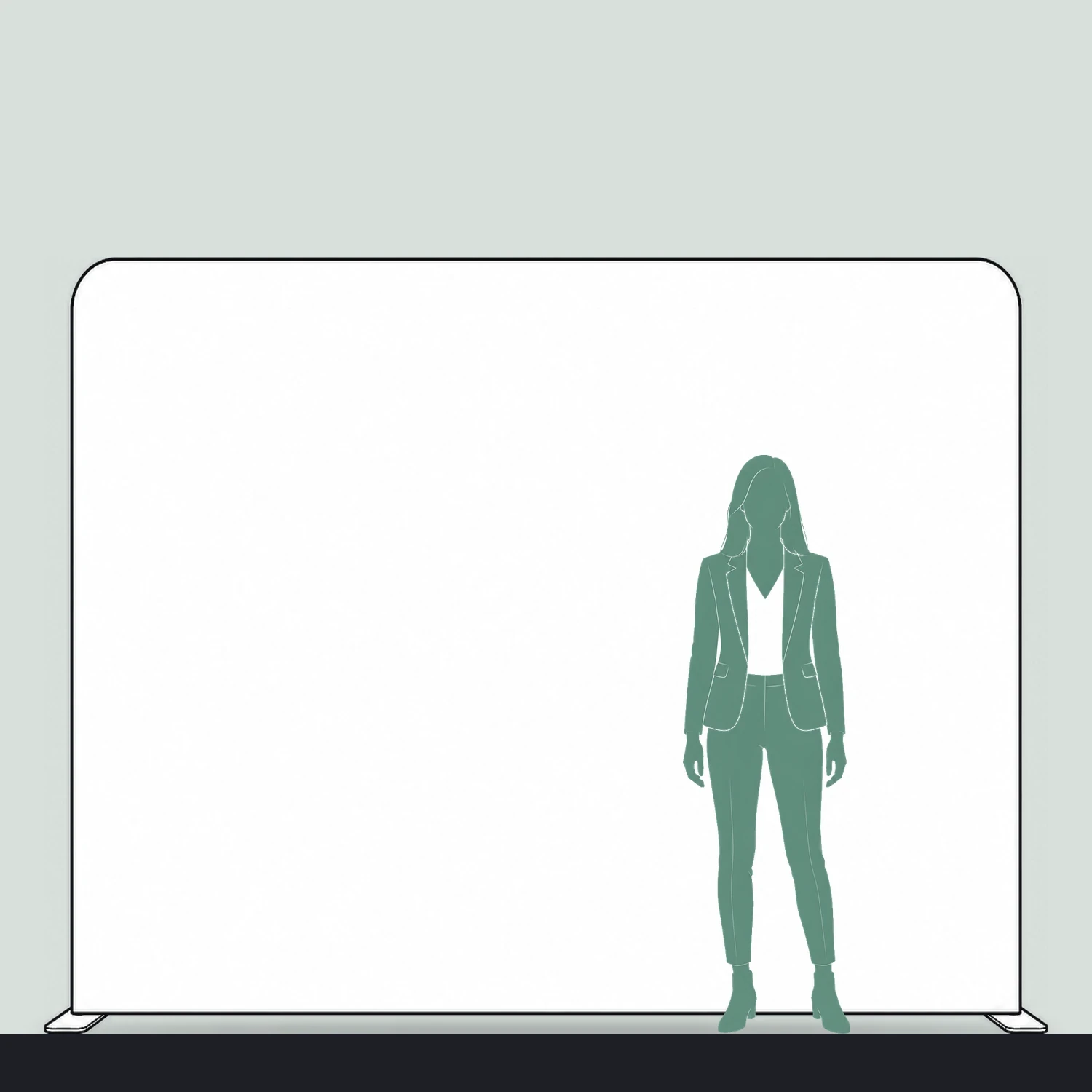 3m straight fabric display size guide, 2950mm wide x 2280mm high, shown next to a person for scale