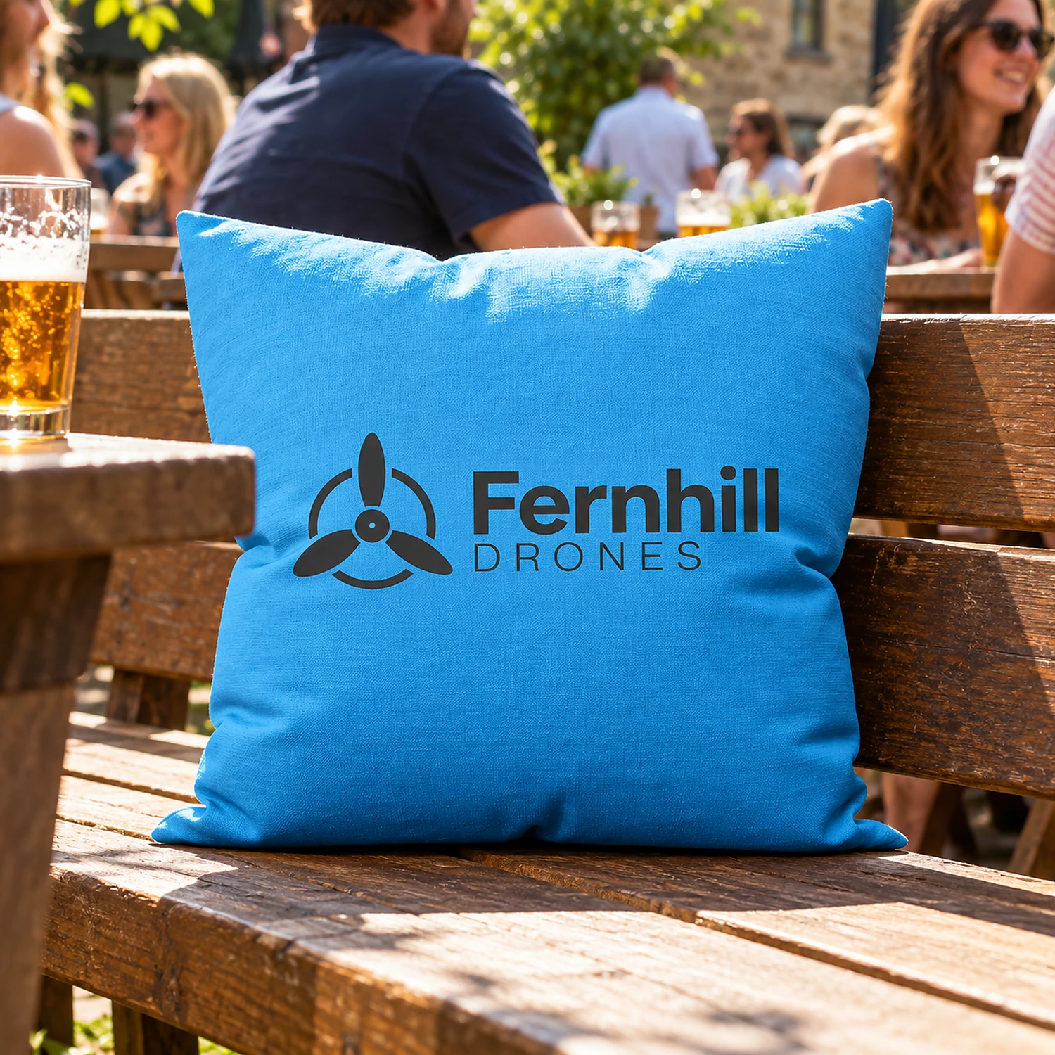Printed outdoor cushion in a beer garden
