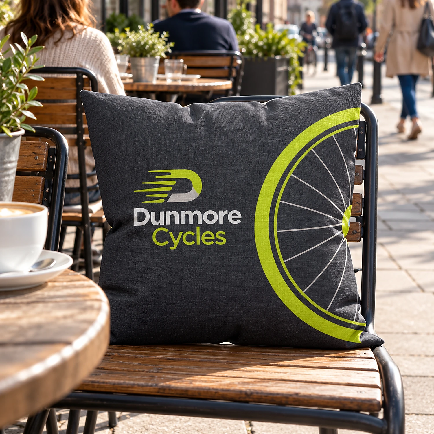Printed outdoor cushion outside a cafe