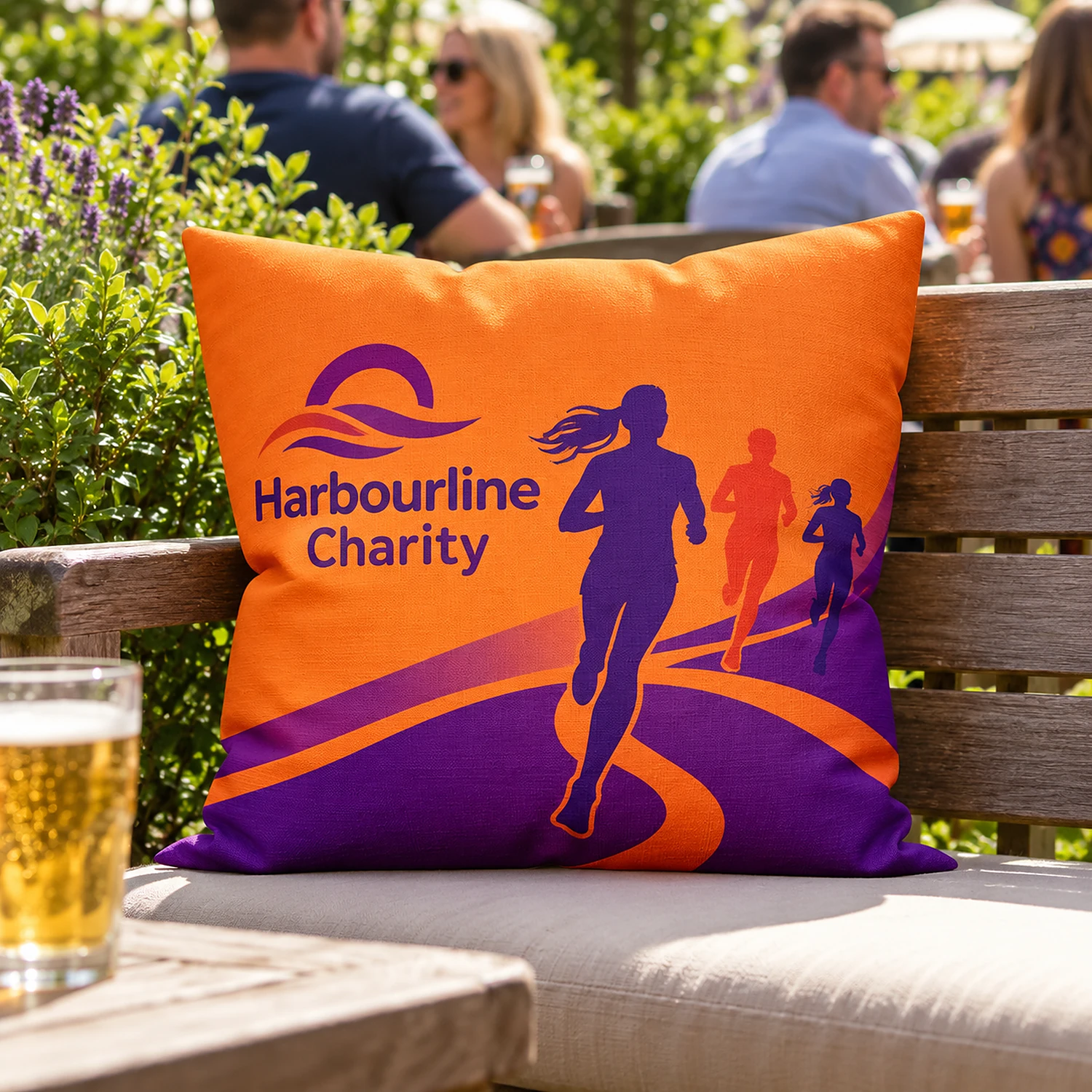 Printed outdoor cushion in a pub garden