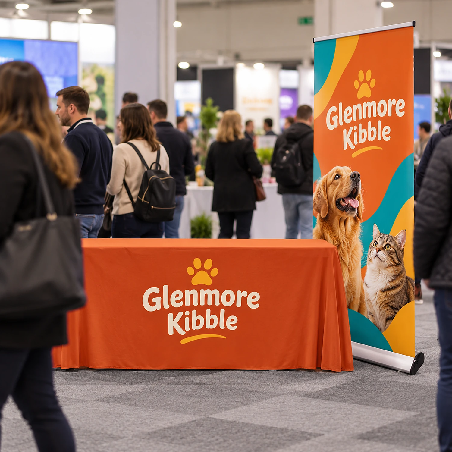 Roller banner and printed tablecloth bundle in use at a busy trade show