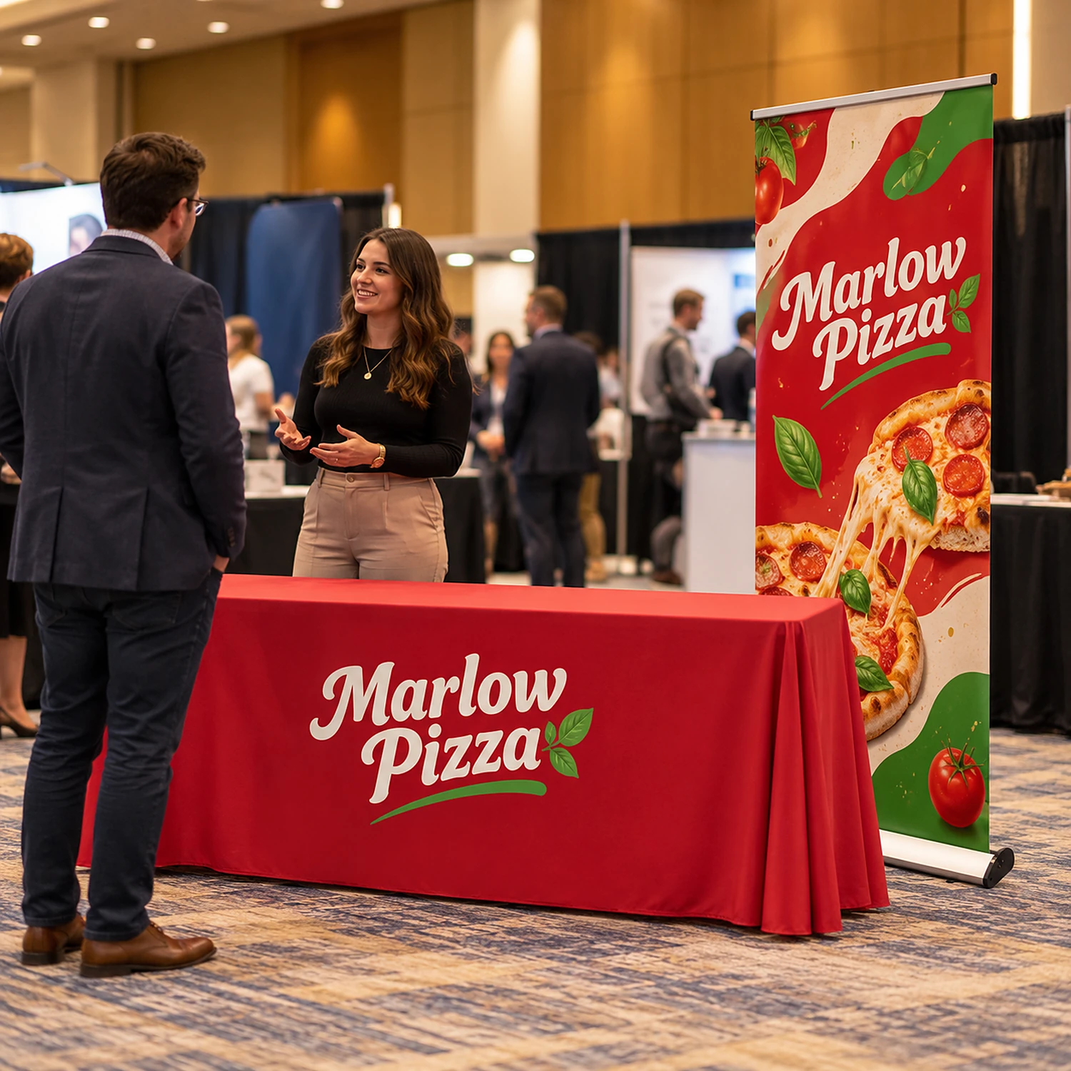Roller banner and matching printed tablecloth on an event table with a staff member talking to a visitor
