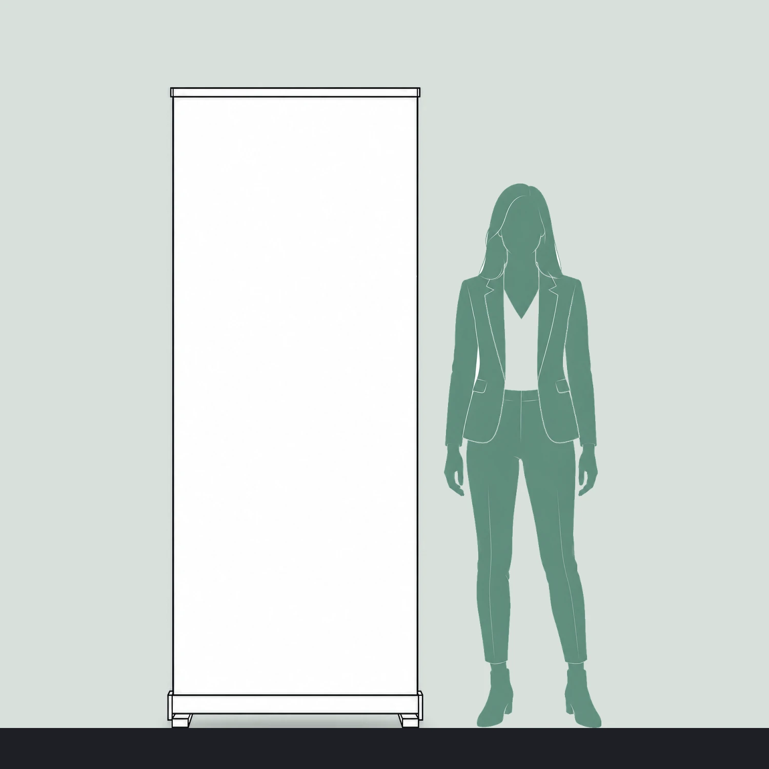 Roller banner size guide, 0.8 m wide by 2 m high, shown next to a person