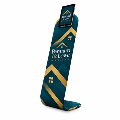 Soft Touch iPad Stand - 1300mm X 380mm X 560mm, shown with example artwork