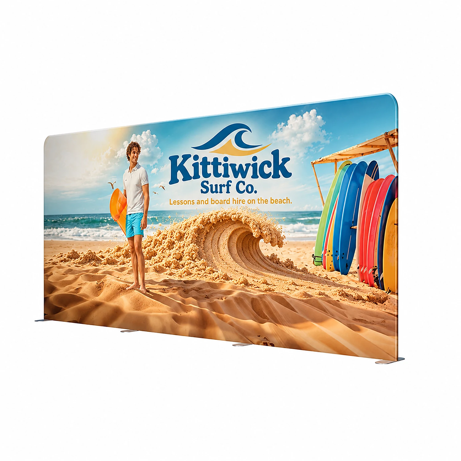 Soft Touch Straight Fabric Display - 5m - Double-Sided, shown with example artwork