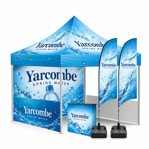 The Event Pro Gazebo Kit - Double-Sided Printed Walls - 3m x 6m, shown with example artwork