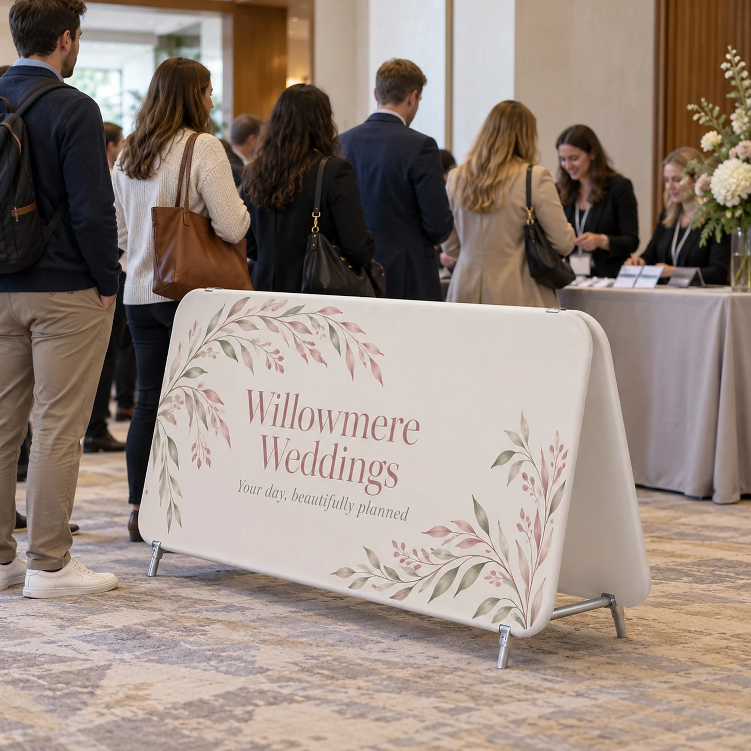 WaveLine Double Stand Medium A-frame fabric sign at a conference registration area, shown with an example design