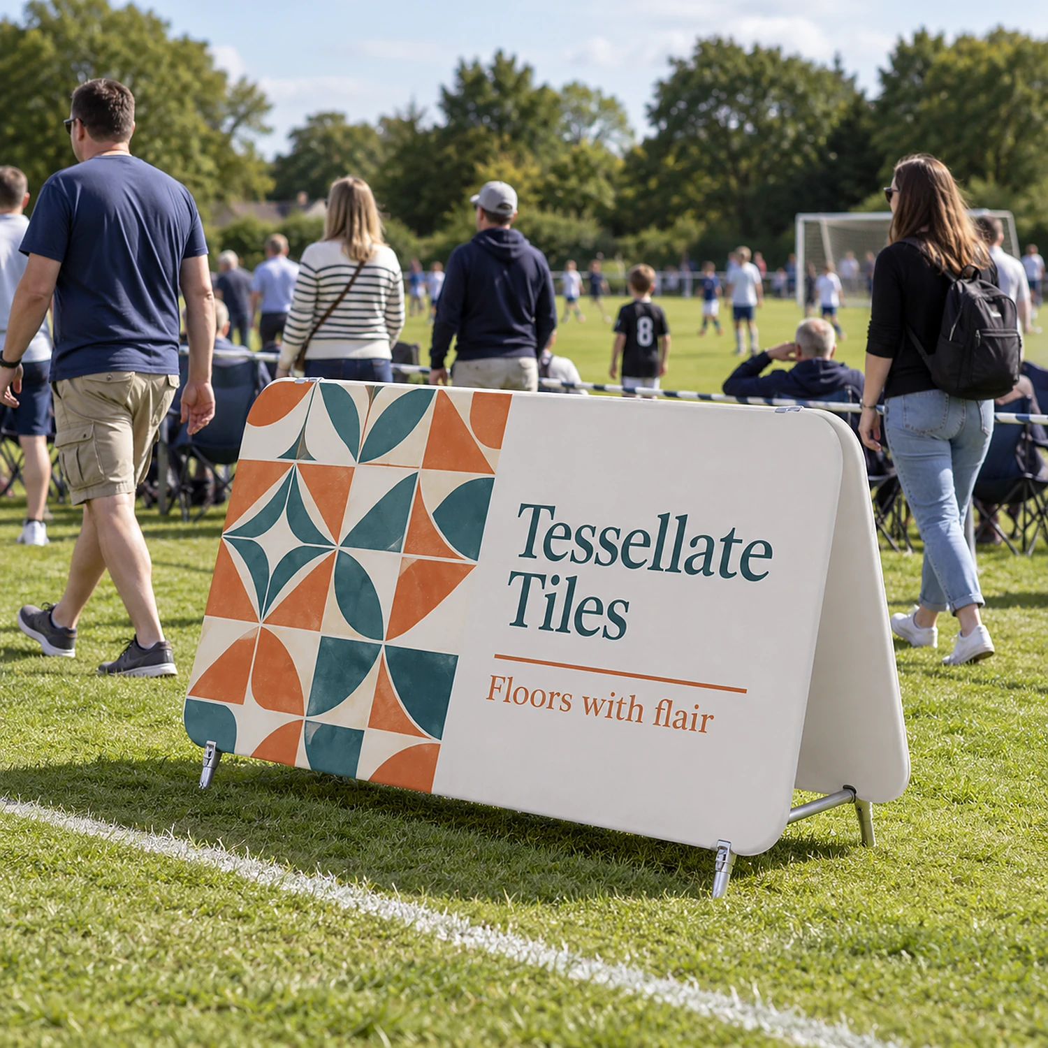 WaveLine Double Stand Medium A-frame fabric sign at an outdoor sports event, shown with an example design