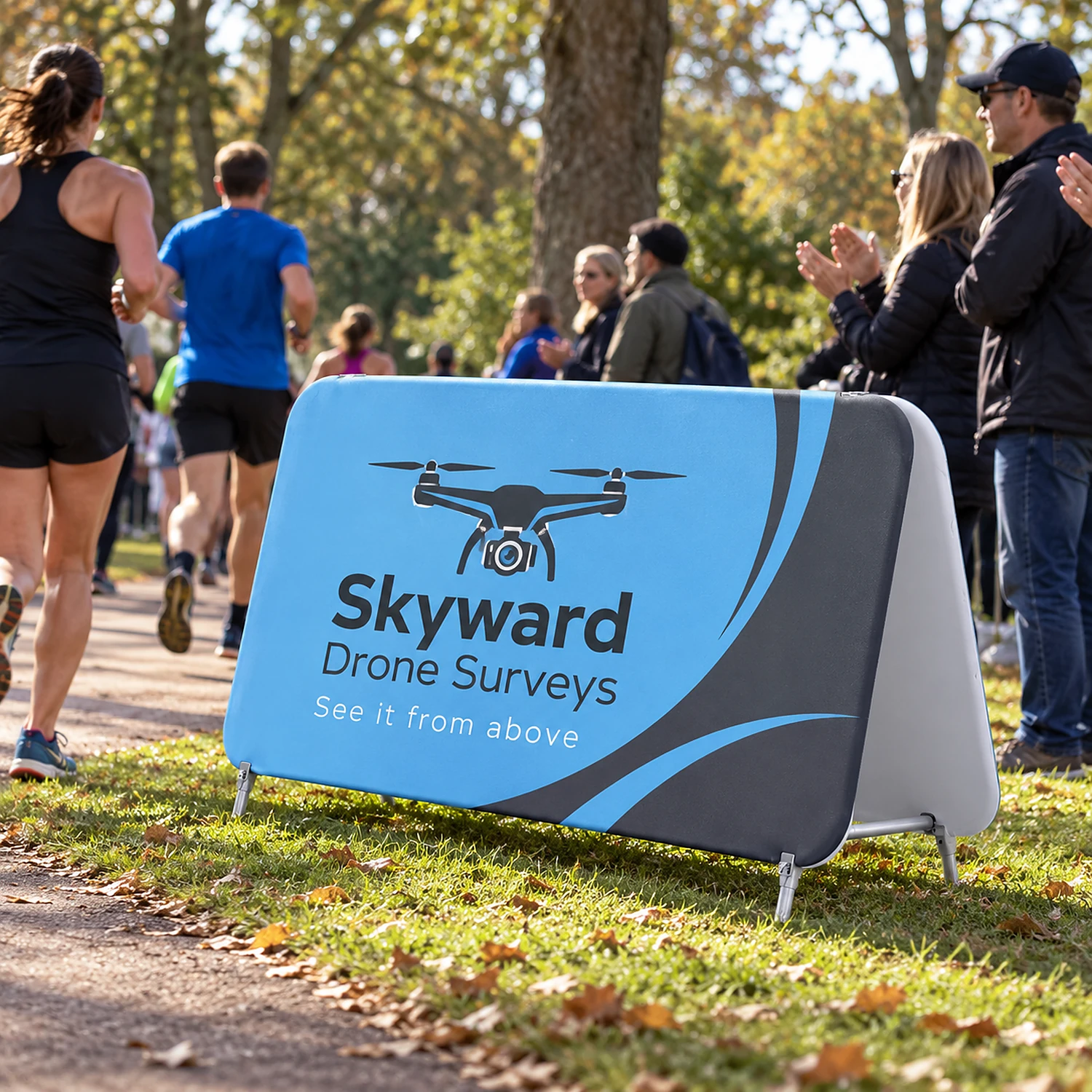 WaveLine Double Stand Medium A-frame fabric sign at an outdoor charity run, shown with an example design