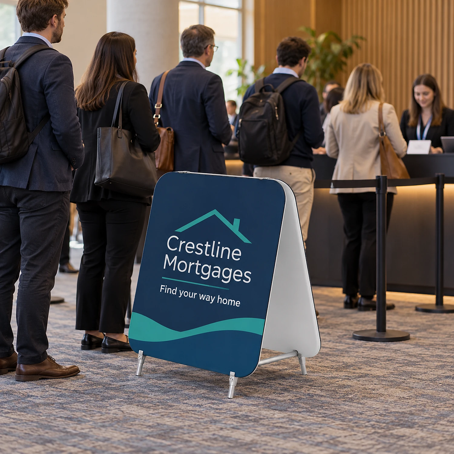 WaveLine Double Stand Small A-frame fabric sign at a conference registration area, shown with an example design
