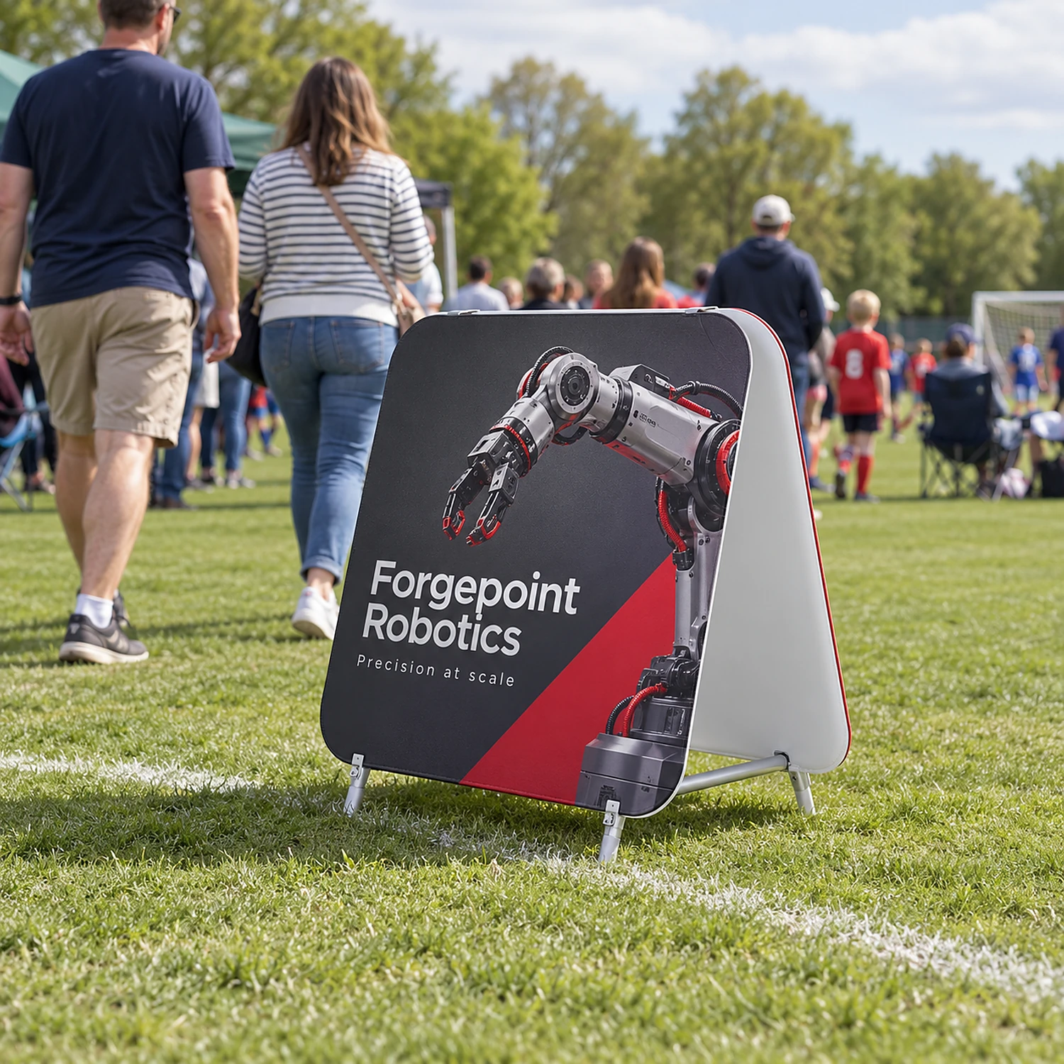 WaveLine Double Stand Small A-frame fabric sign at an outdoor sports event, shown with an example design
