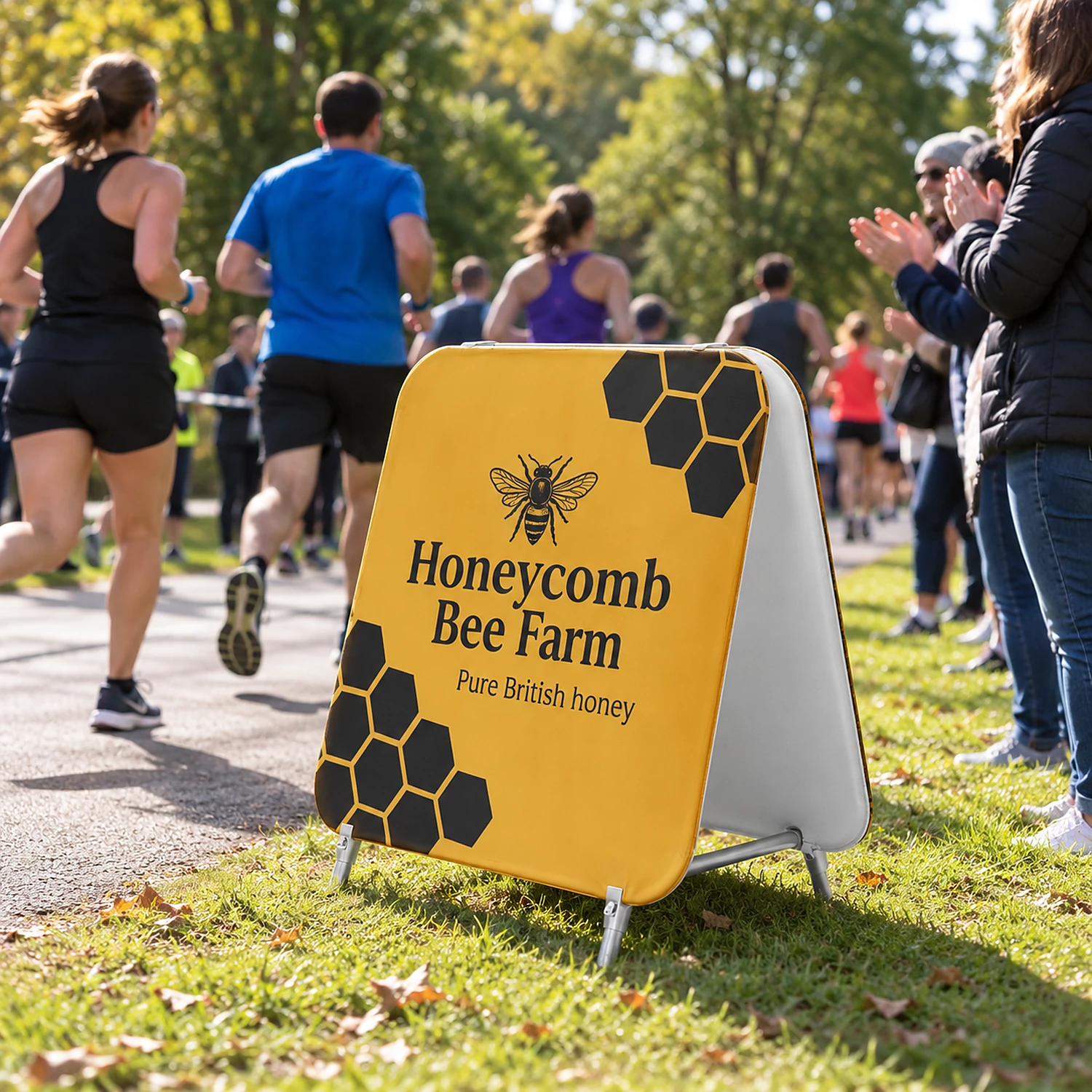 WaveLine Double Stand Small A-frame fabric sign at an outdoor charity run, shown with an example design