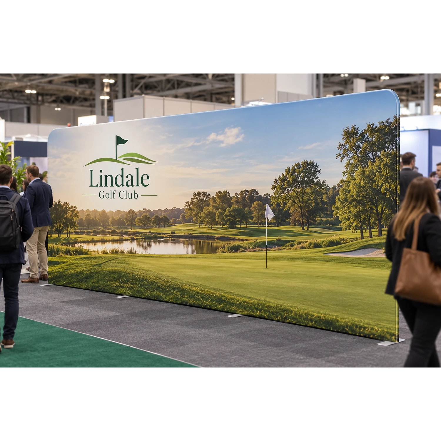 Wide straight fabric display wall in use at a busy trade show