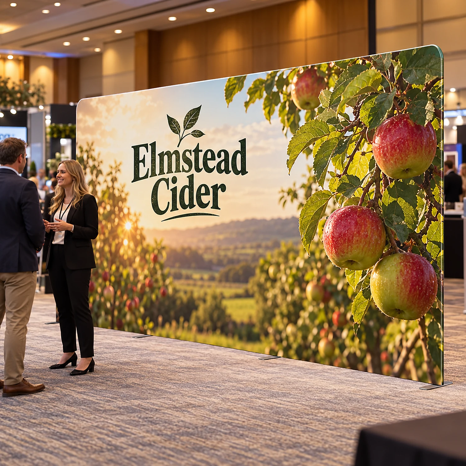 Wide straight fabric display wall at a business expo with staff talking to a visitor