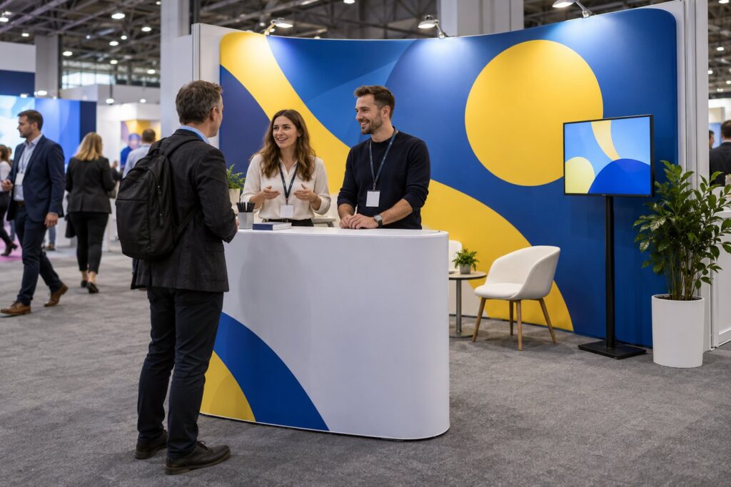 Open-fronted exhibition stand with a curved fabric back wall, large graphic placed high, a reception counter at the front edge and staff greeting a visitor