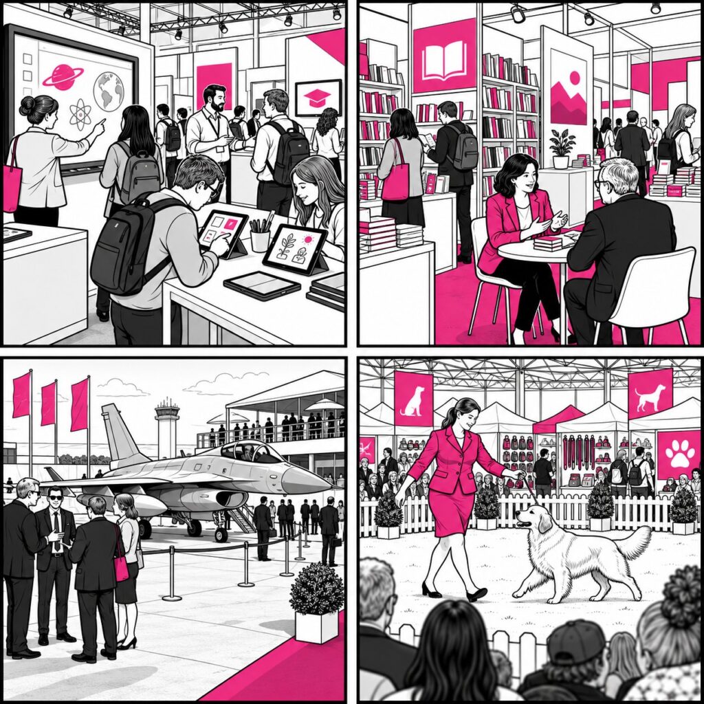 Illustration of four types of show: an education technology show, a book fair, an aerospace trade show with a jet on static display, and a dog show ring