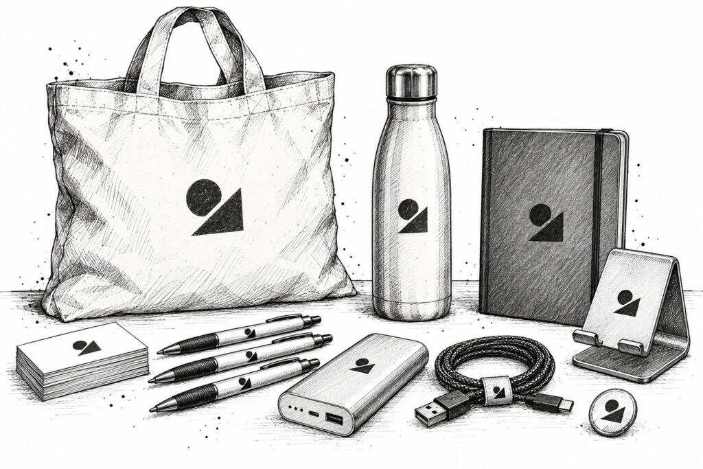 Ink sketch of trade show giveaways: a tote bag, reusable water bottle, notebook, pens, power bank, charging cable, phone stand, business cards and a pin badge