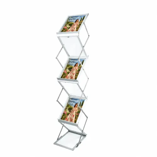 A4 Zig Zag Literature Stand - 1540mm x 275mm x 365mm, shown with example artwork