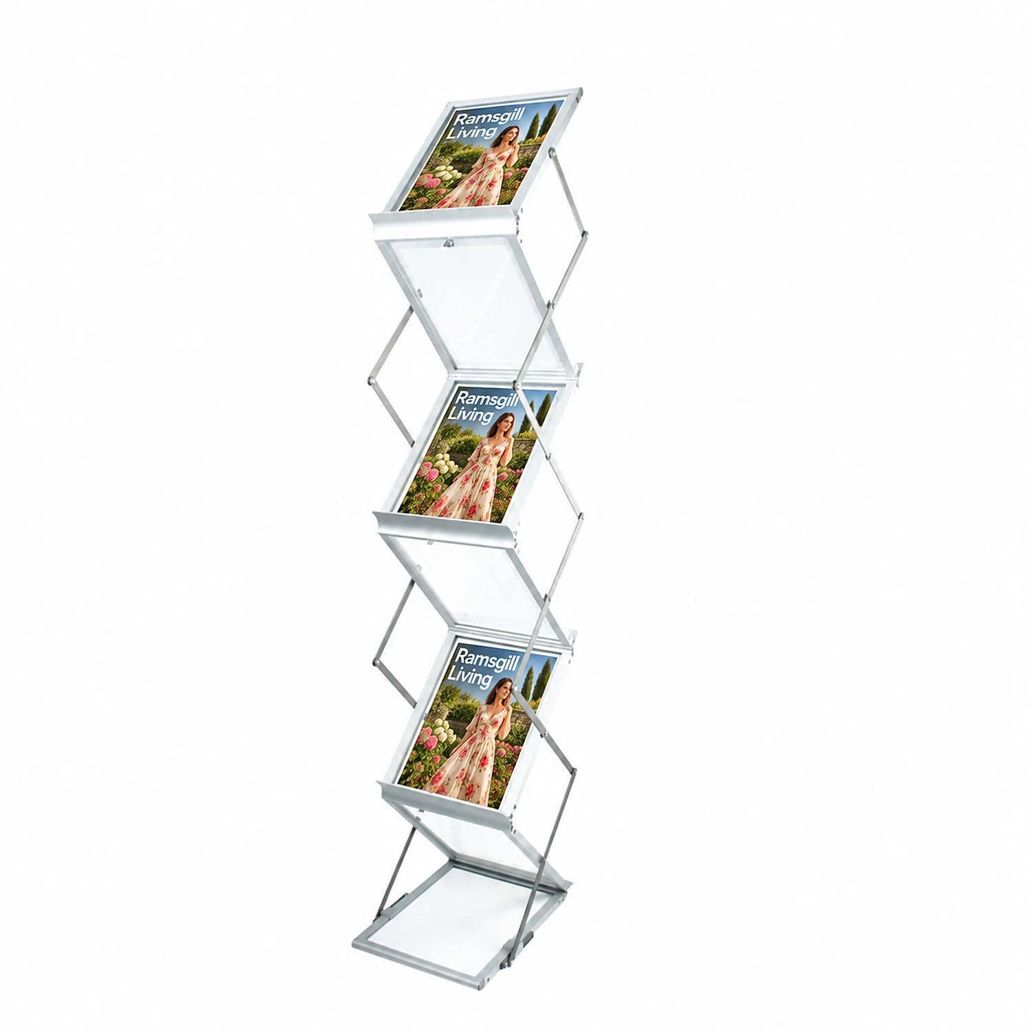 A4 Zig Zag Literature Stand - 1540mm x 275mm x 365mm, shown with example artwork