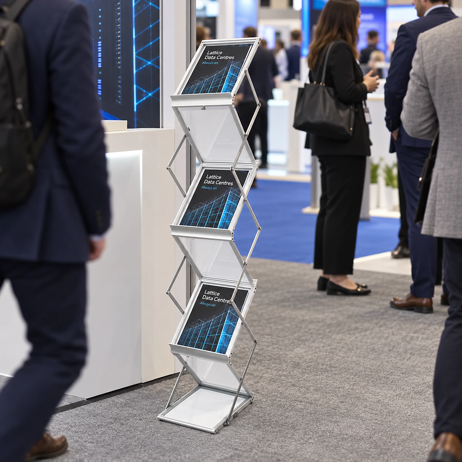 A4 Zig Zag Literature Stand literature stand at a trade show, shown with an example design
