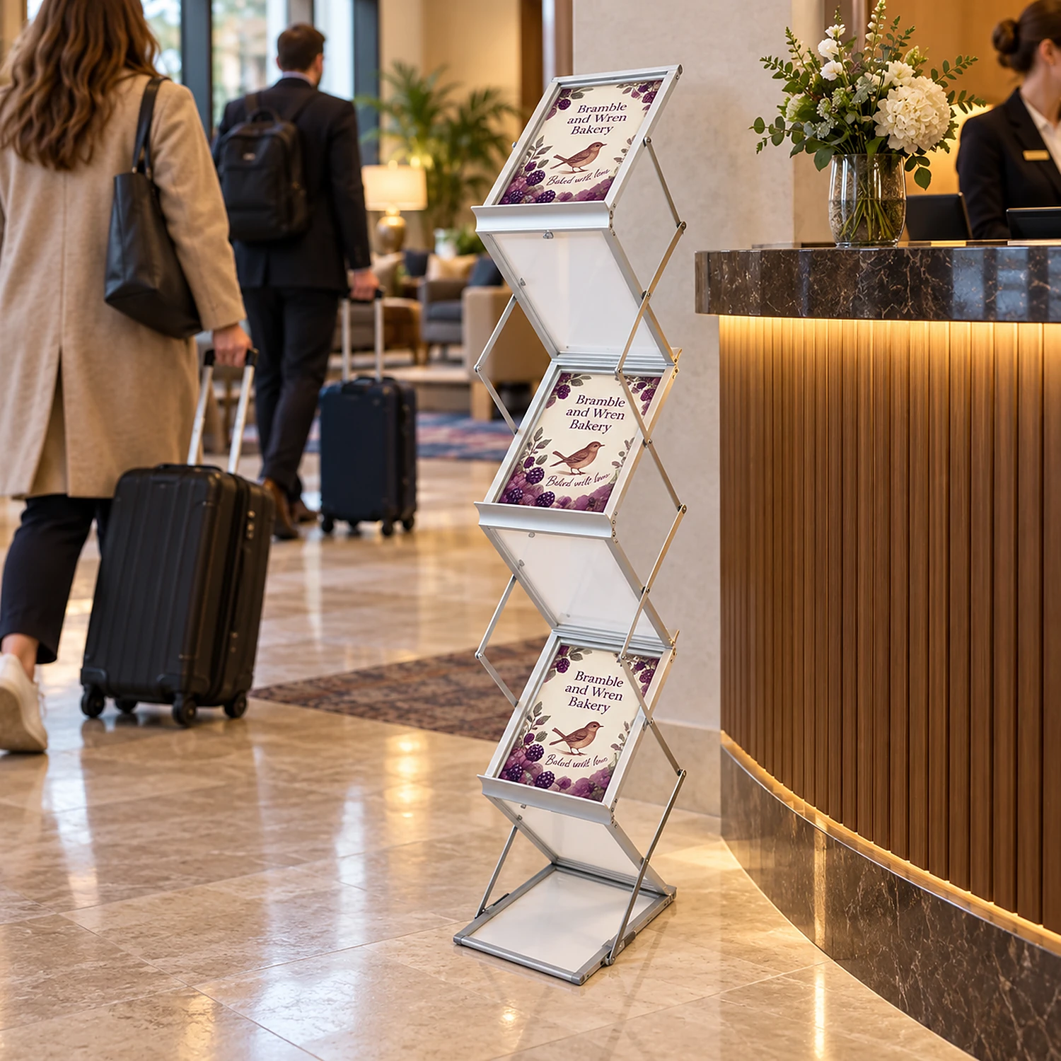 A4 Zig Zag Literature Stand literature stand in a hotel lobby, shown with an example design