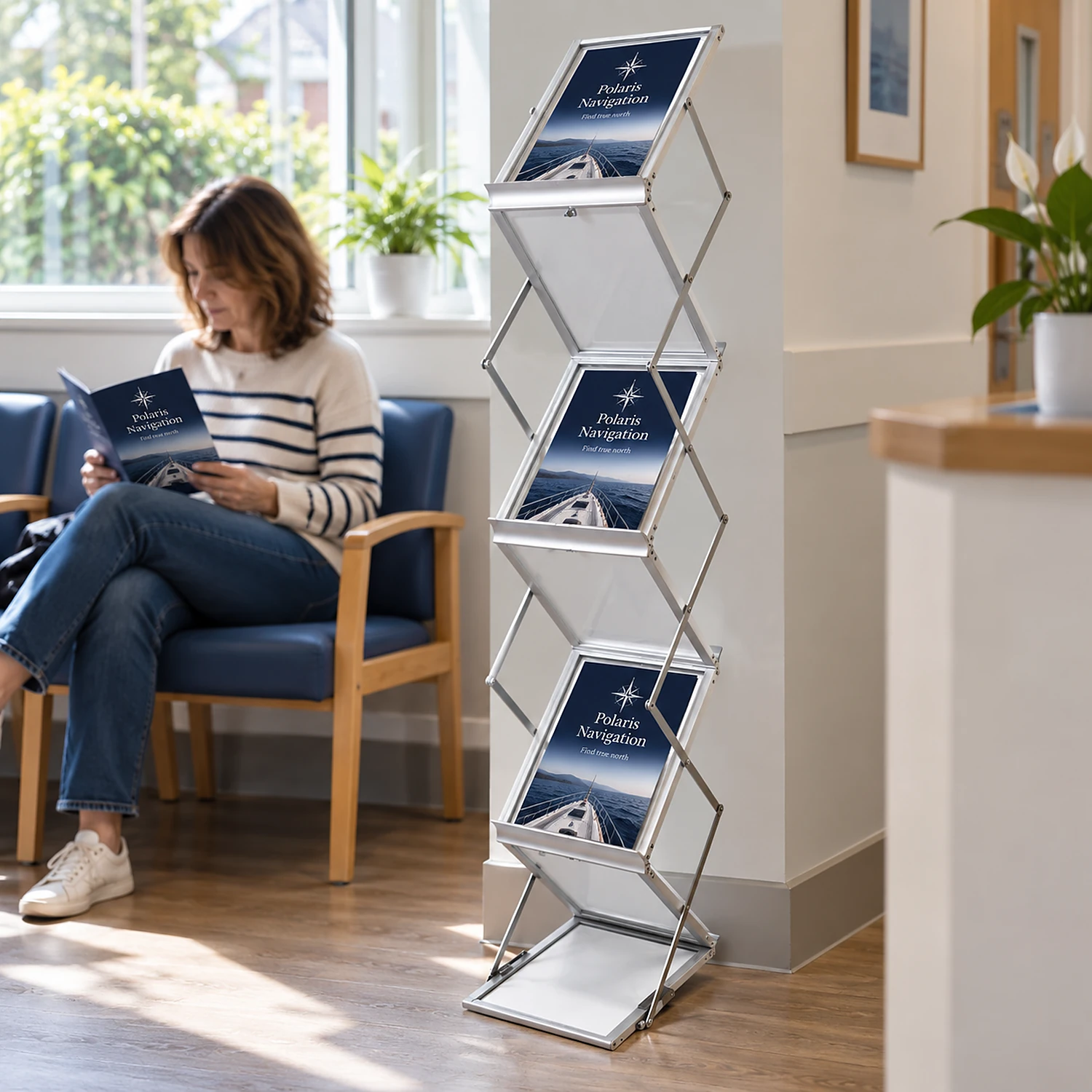 A4 Zig Zag Literature Stand literature stand in a surgery waiting room, shown with an example design