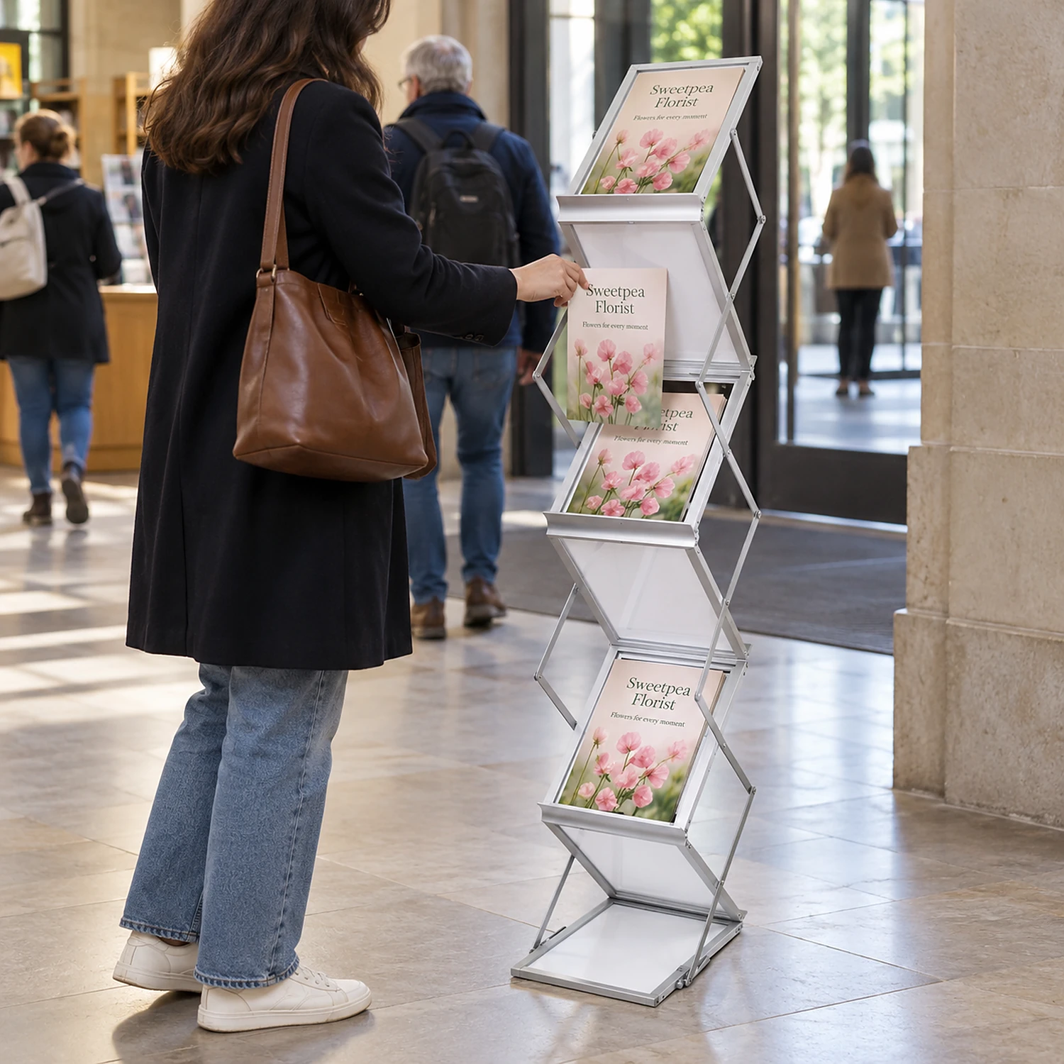 A4 Zig Zag Literature Stand literature stand in a museum entrance foyer, shown with an example design
