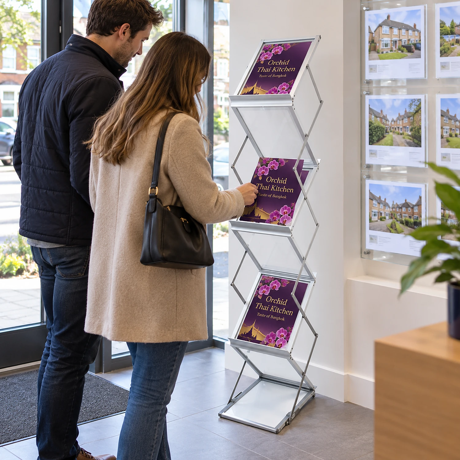 A4 Zig Zag Literature Stand literature stand in an estate agent's office, shown with an example design