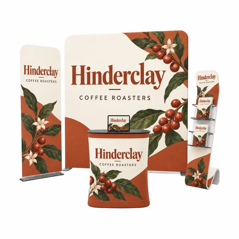 3m x 3m Exhibition Stand Kit - 2.4m Fabric Display Wall, Counter, Monolith & Literature Stand, shown with example artwork