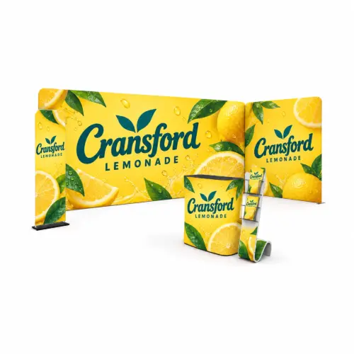3m x 6m Exhibition Stand Kit - 6m & 3m Fabric Walls, Counter, Monolith & Literature Stand, shown with example artwork