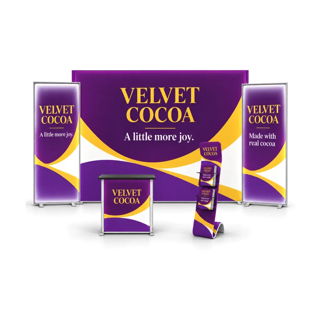 Lightbox exhibition stand kit with a lit backdrop, two lightbox banners, counter and literature stand