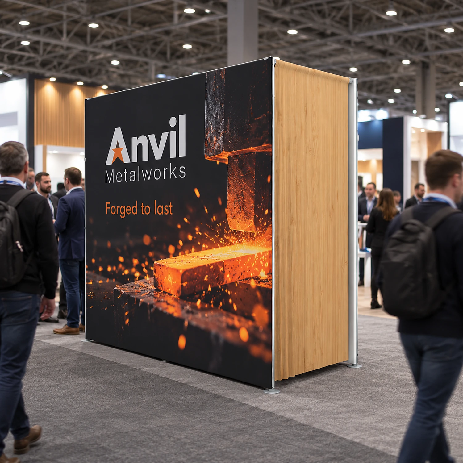 10ft WaveLine Media STOR FD fabric display wall with built-in storage room at a trade show, shown with an example design