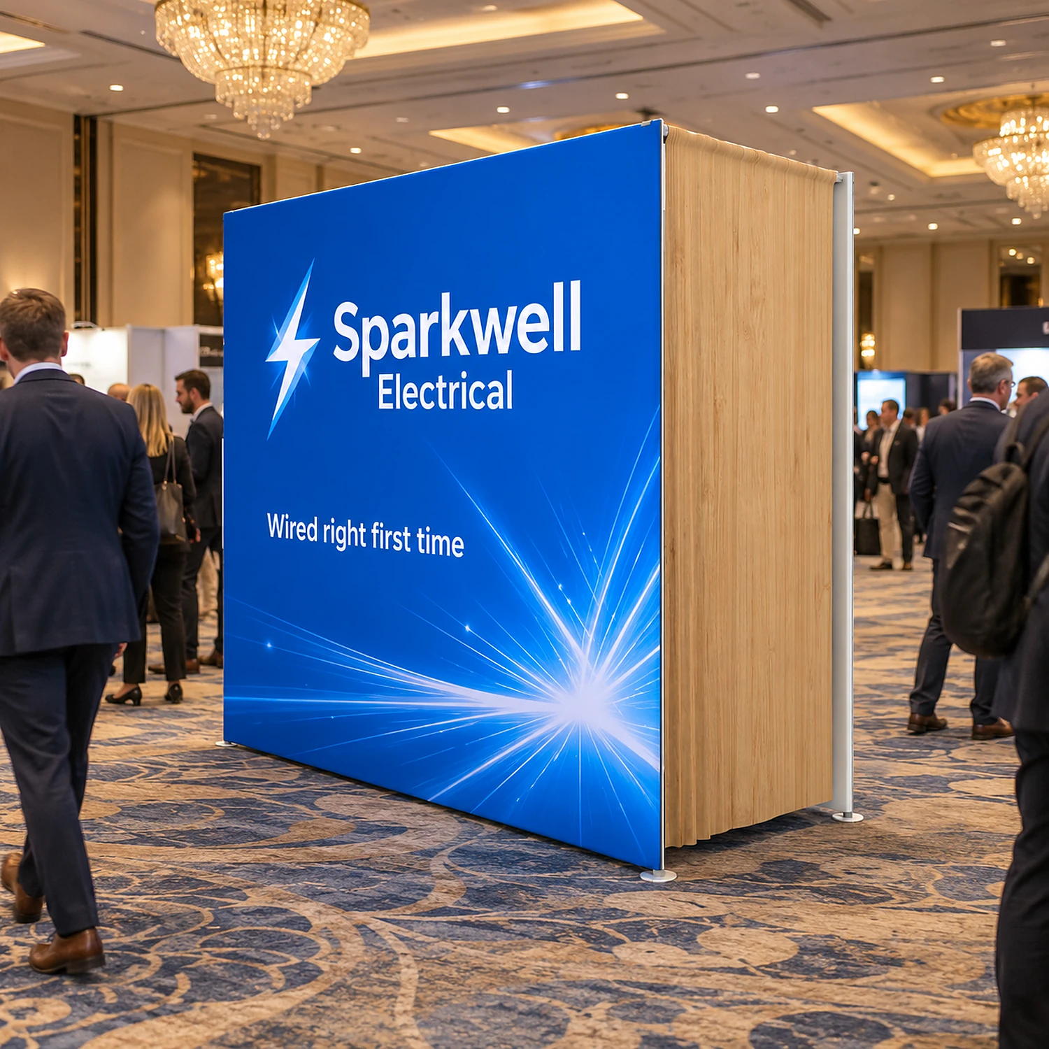 10ft WaveLine Media STOR FD fabric display wall with built-in storage room at a hotel ballroom exhibition, shown with an example design