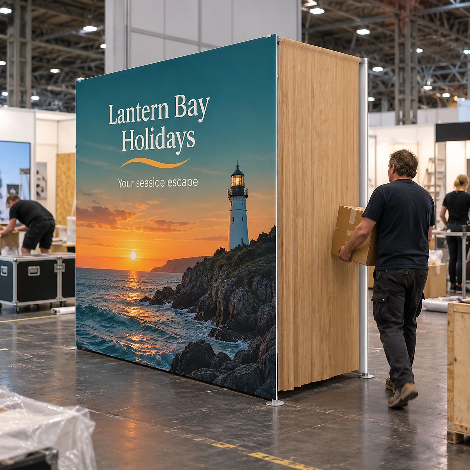 10ft WaveLine Media STOR FD fabric display wall with built-in storage room during build-up at an exhibition, shown with an example design
