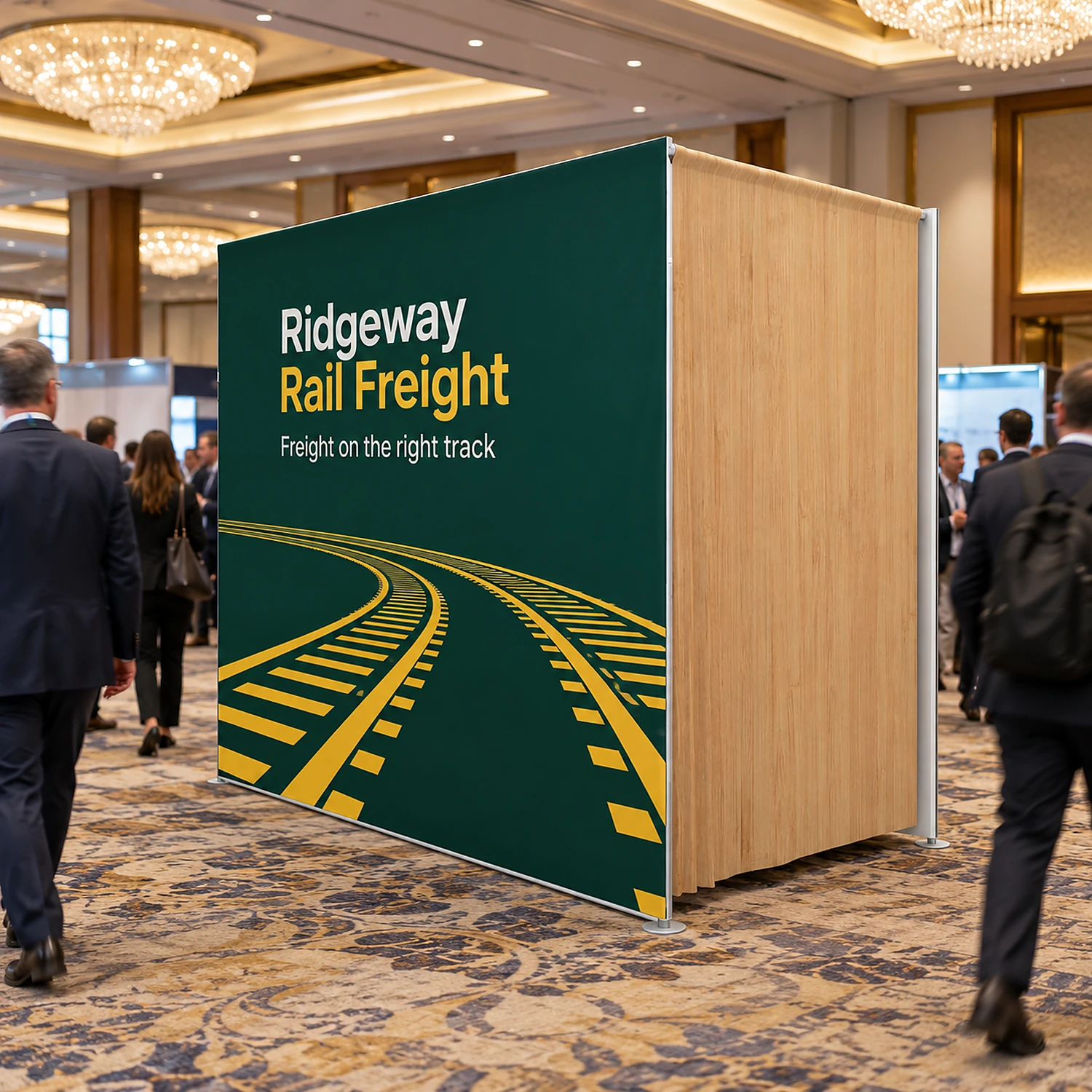 10ft WaveLine Media STOR FE fabric display wall with built-in storage room at a hotel ballroom exhibition, shown with an example design