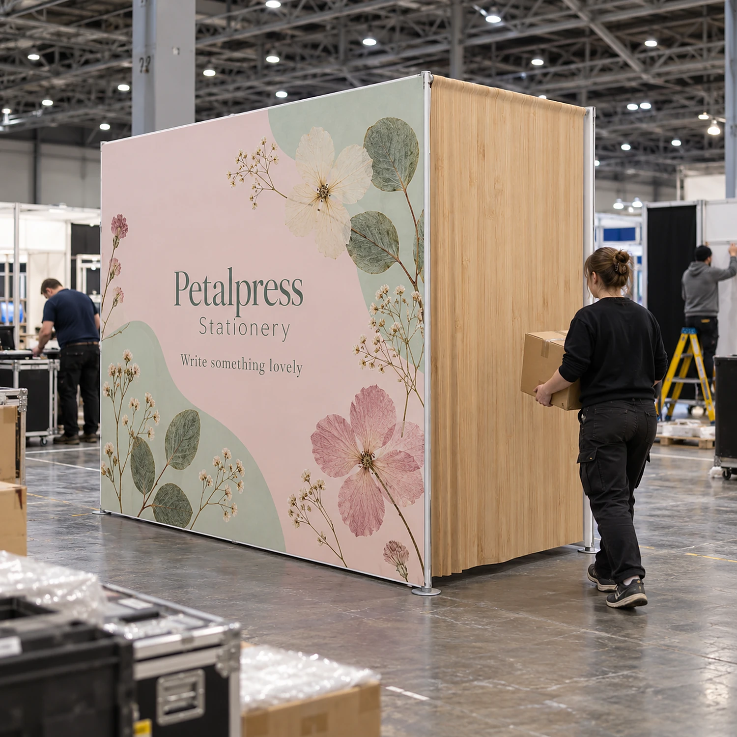 10ft WaveLine Media STOR FE fabric display wall with built-in storage room during build-up at an exhibition, shown with an example design