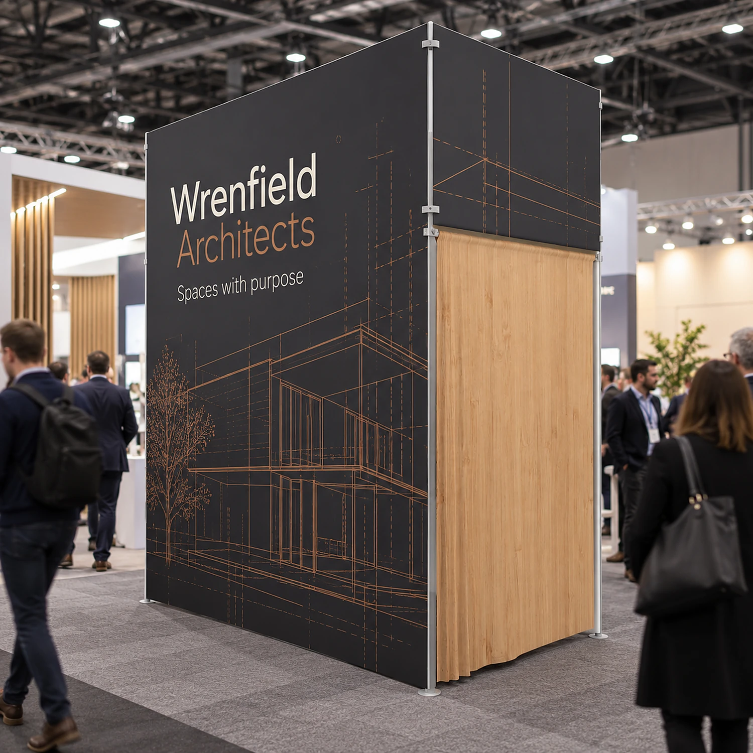 10ft WaveLine Media STOR SI fabric display wall with built-in storage room at a trade show, shown with an example design