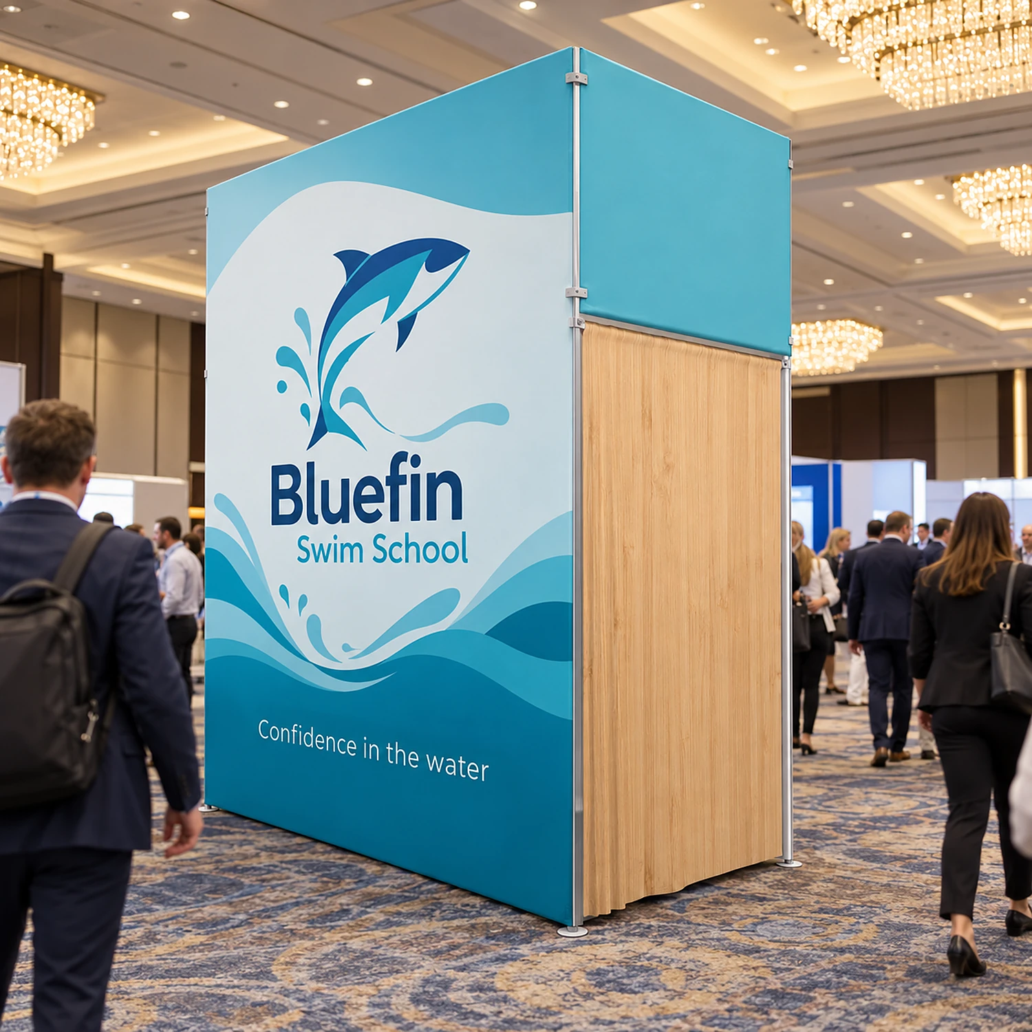 10ft WaveLine Media STOR SI fabric display wall with built-in storage room at a hotel ballroom exhibition, shown with an example design